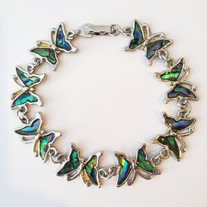 Abalone Butterfly Silver  Chain Link Bracelet Teal Green & Blue tones Boho Chic